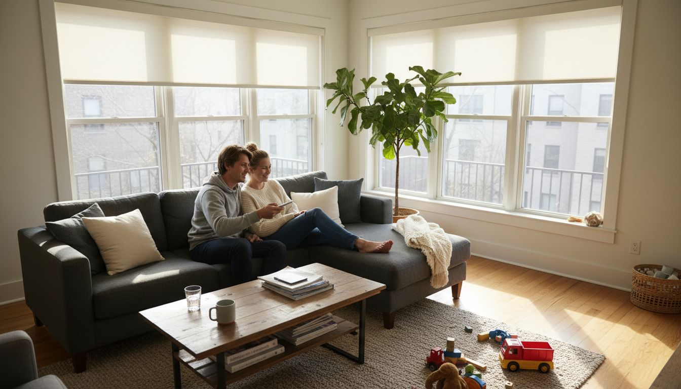 Couple using modern smart window shades in apartment