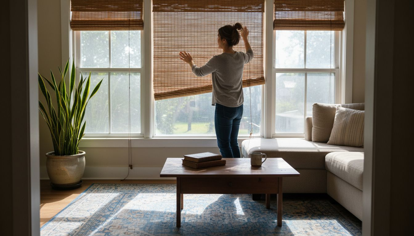 Woman adjusting bamboo blinds in sunny living room