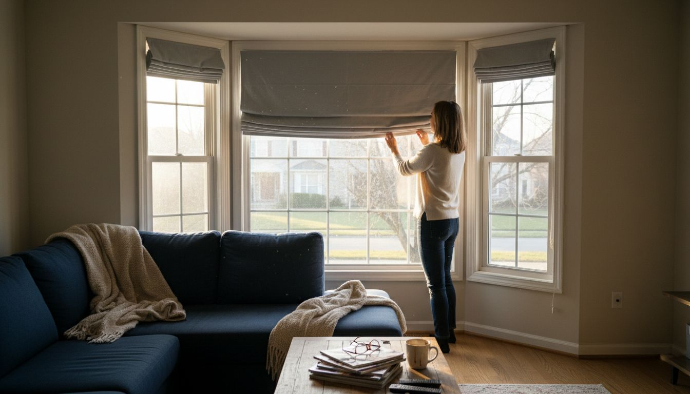 Adjusting roman shades in sunlit living room