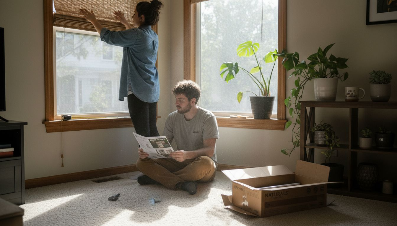 Couple installs cordless woven blinds in living room