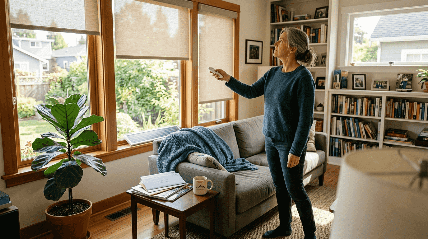 Homeowner adjusting solar powered motorized blinds