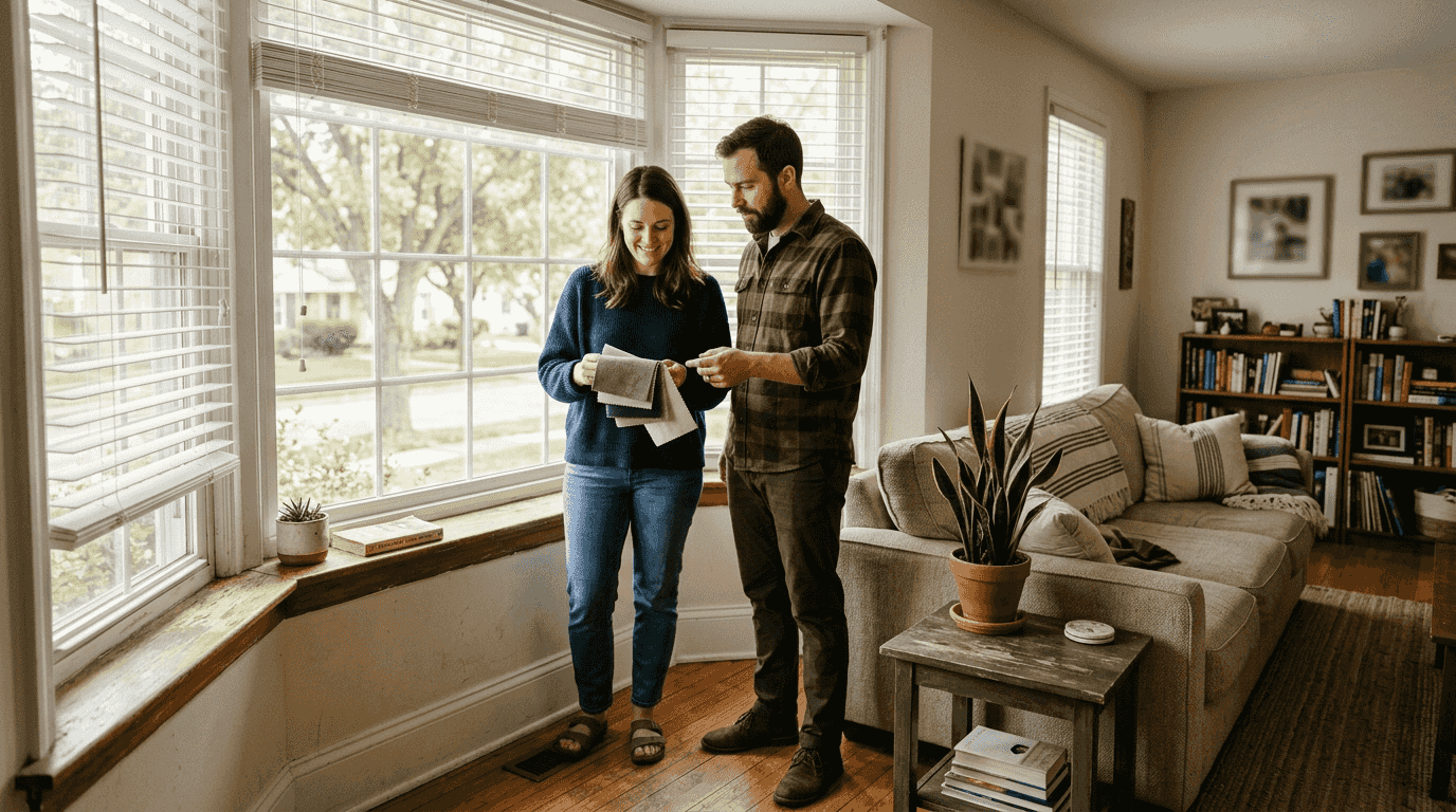 Couple choosing window coverings at home