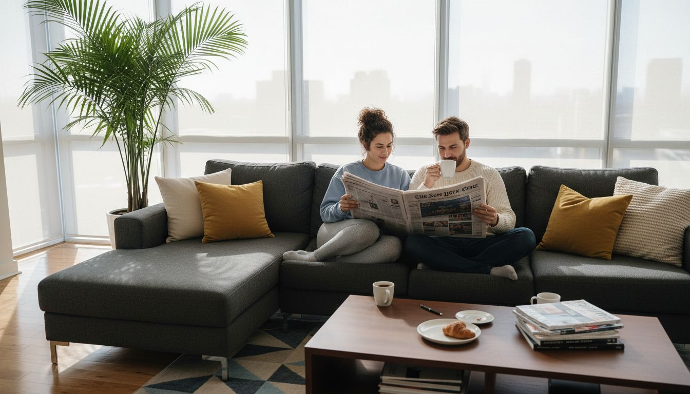 Couple with light filtering blinds in living room