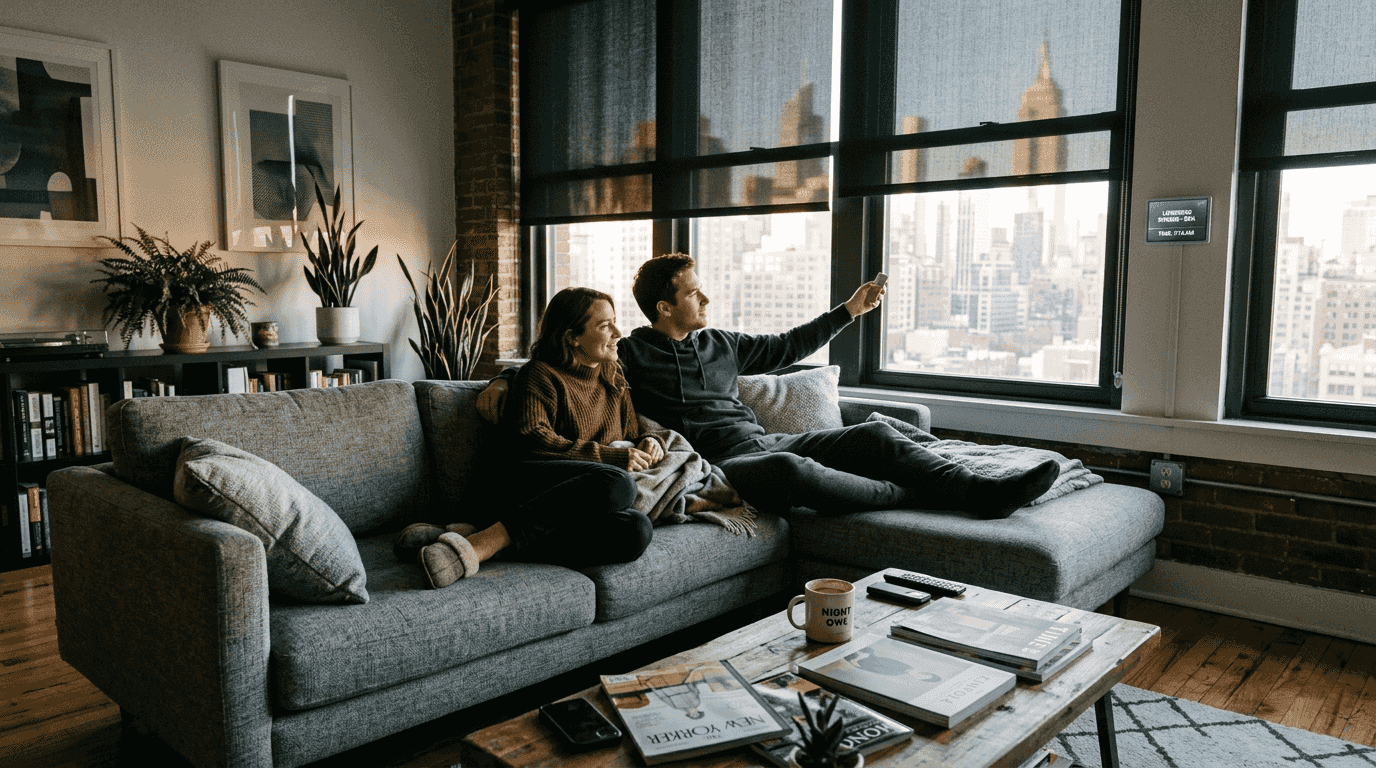 Couple using motorized blackout shades remote