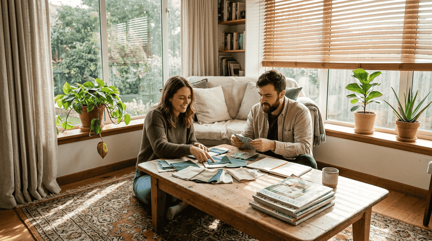 Couple choosing window treatments in home living room