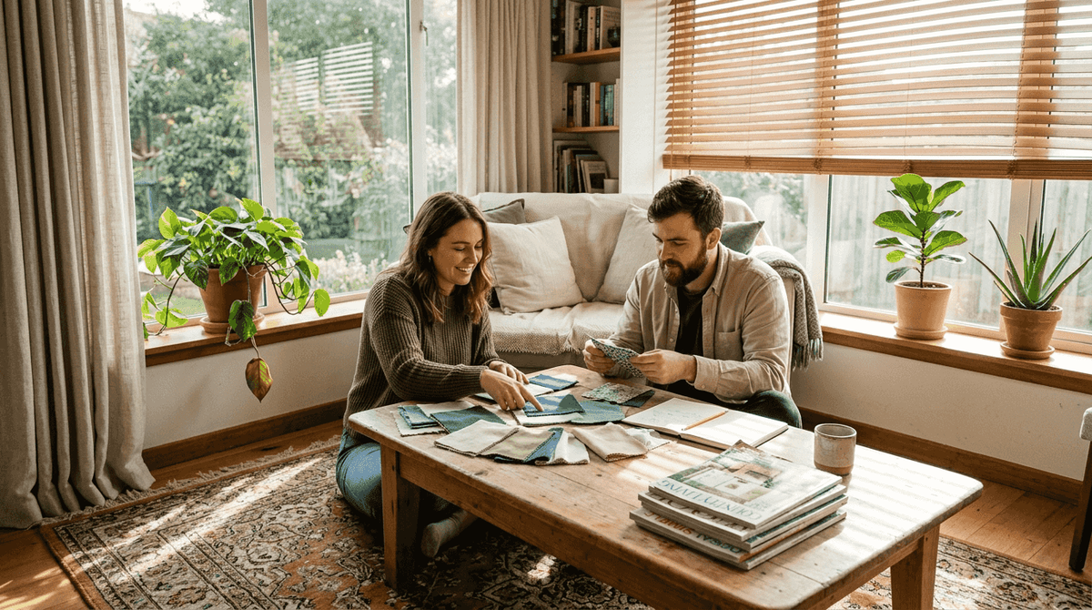 Couple choosing window treatments in home living room