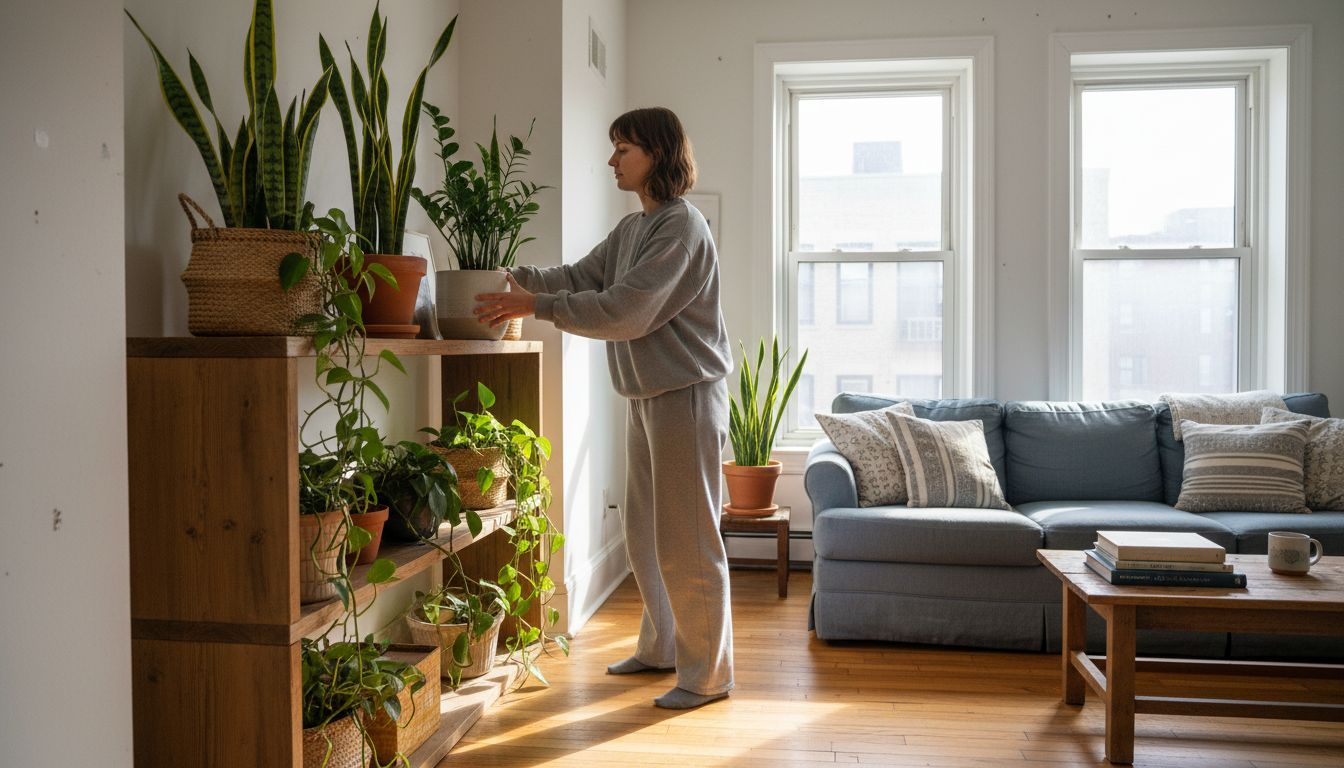 Young woman arranging easy-care plants in living room