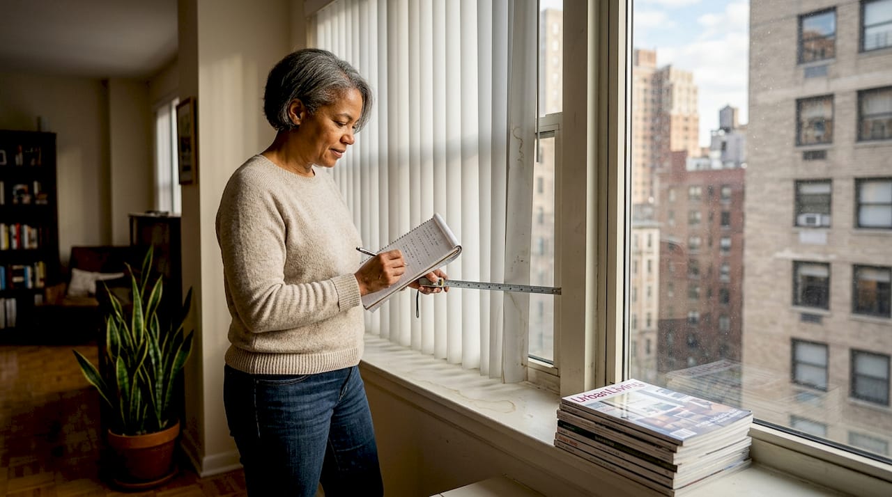 Woman assessing old living room window coverings
