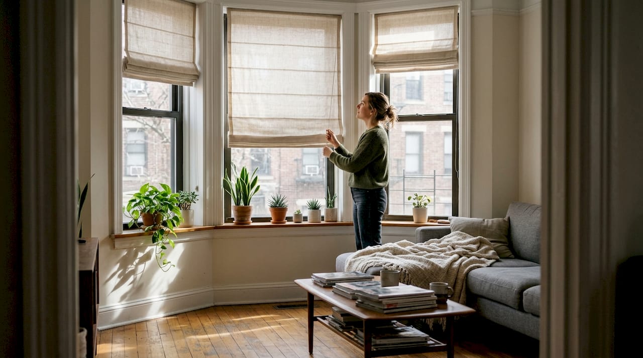 Woman adjusting living room window shades