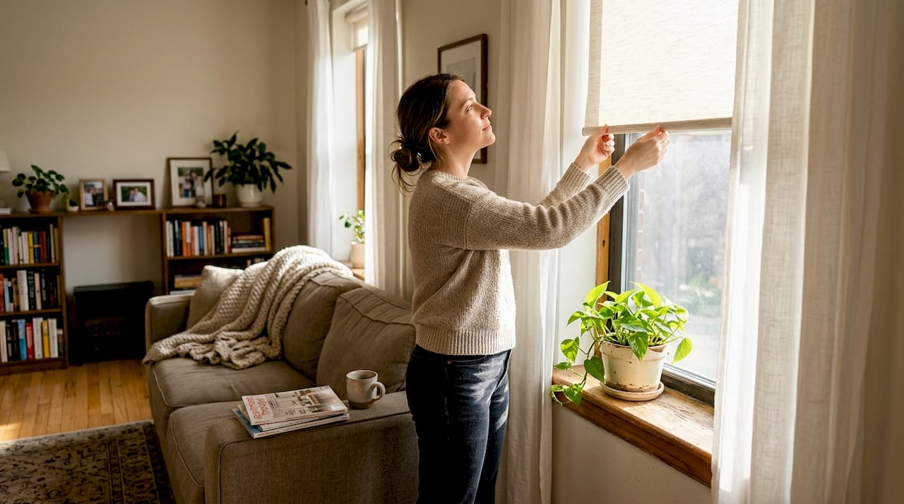 Woman adjusts budget window treatments in living room