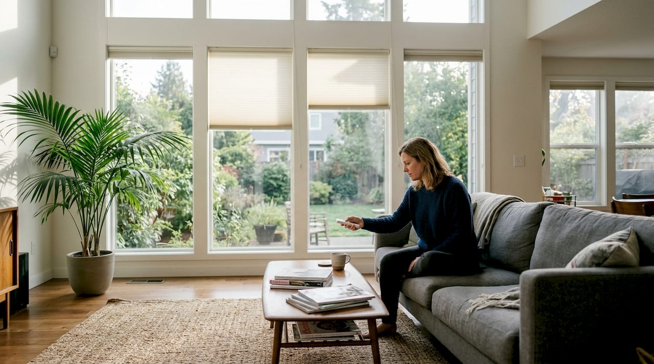 Woman adjusts shades on large living room windows
