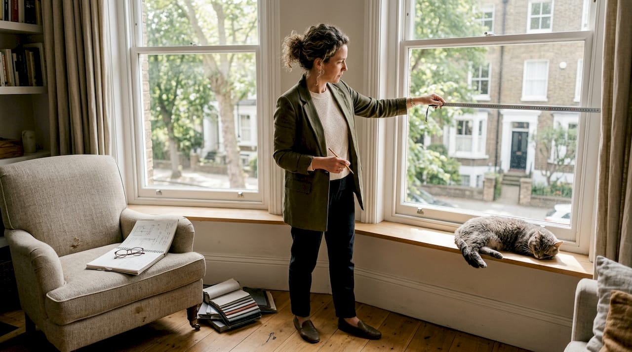 Designer measures window in bright living room