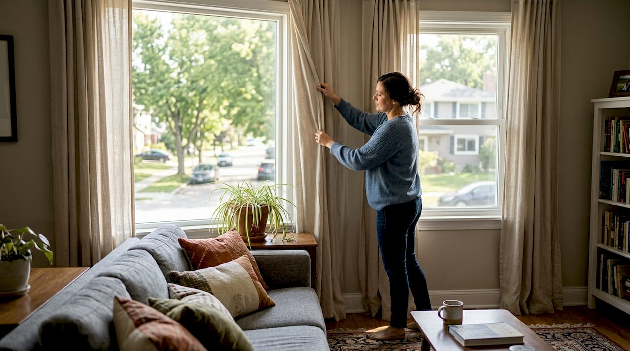Homeowner adjusting drapes in living room