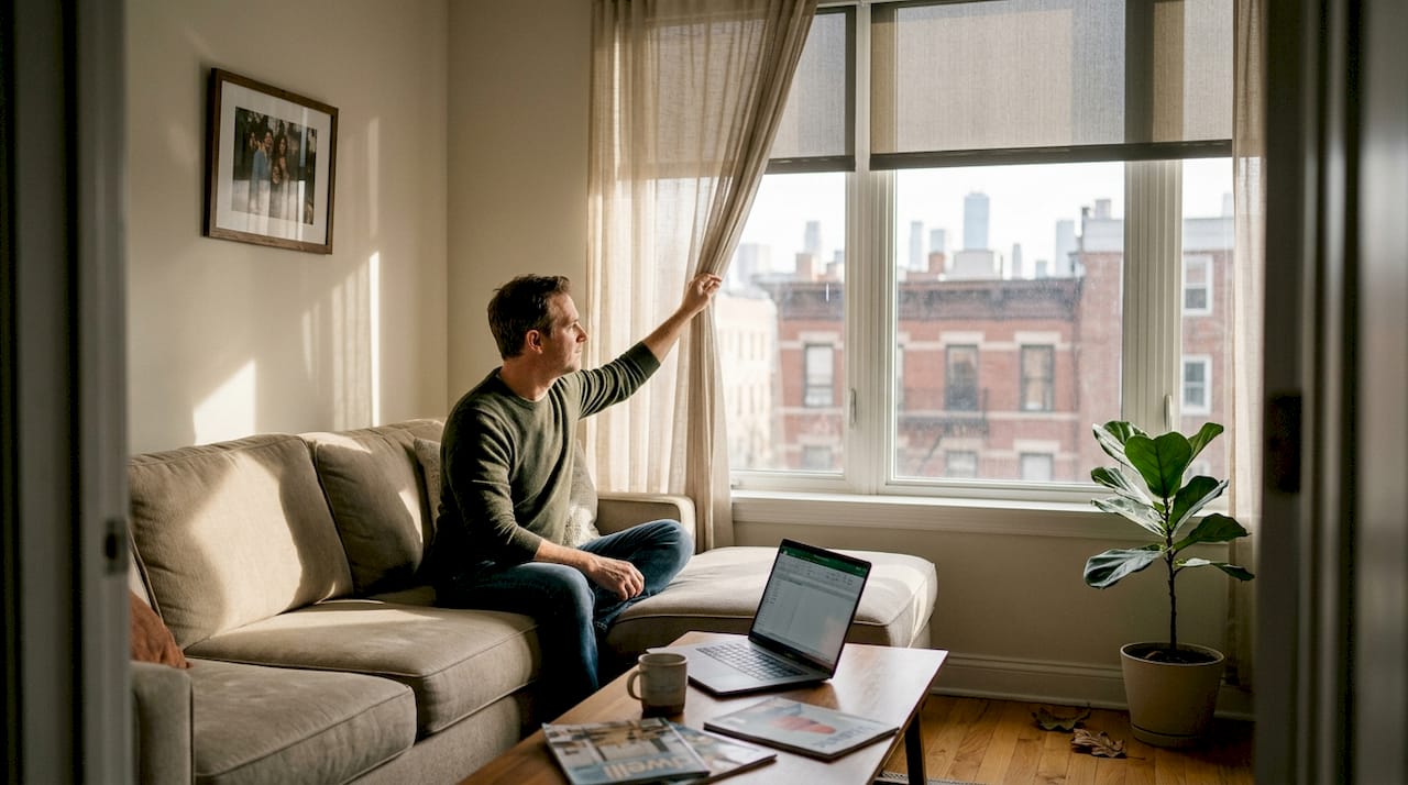 Person adjusts window coverings for privacy