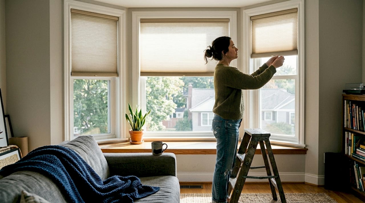 Woman installing bay window shades in living room