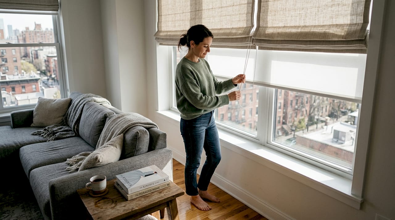 Woman adjusting layered living room window shades