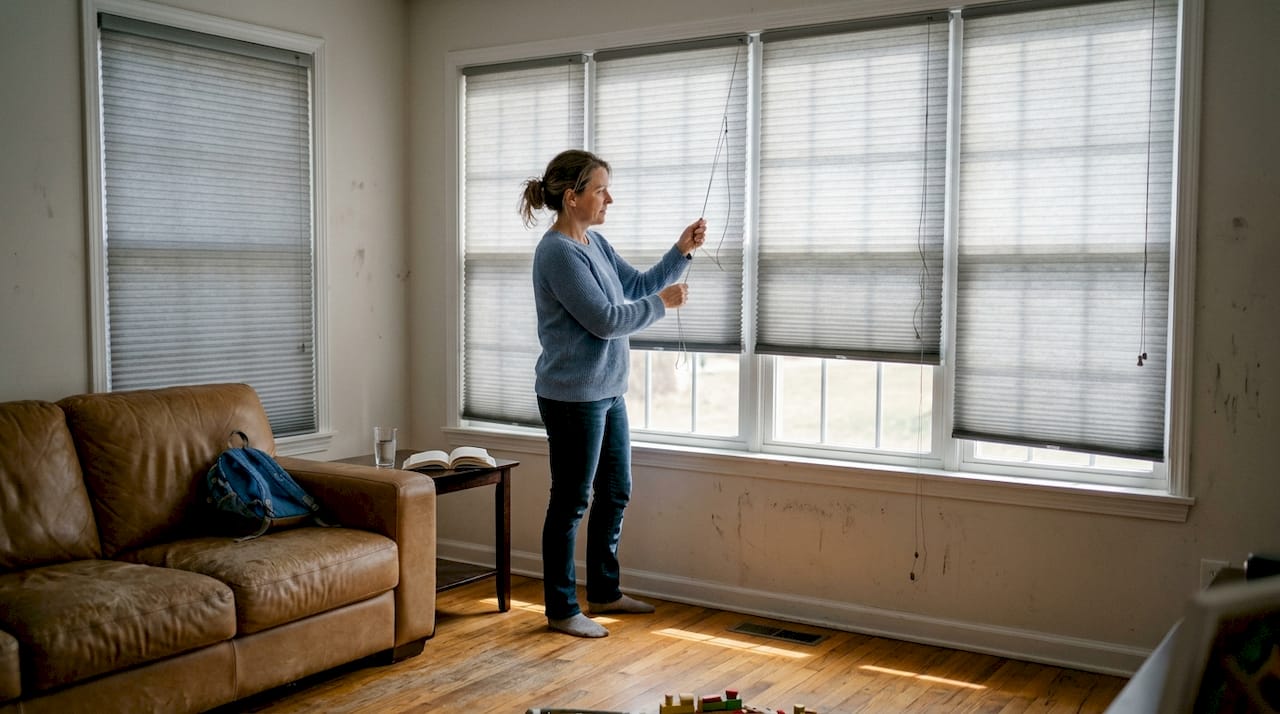 Homeowner adjusting living room cellular shades