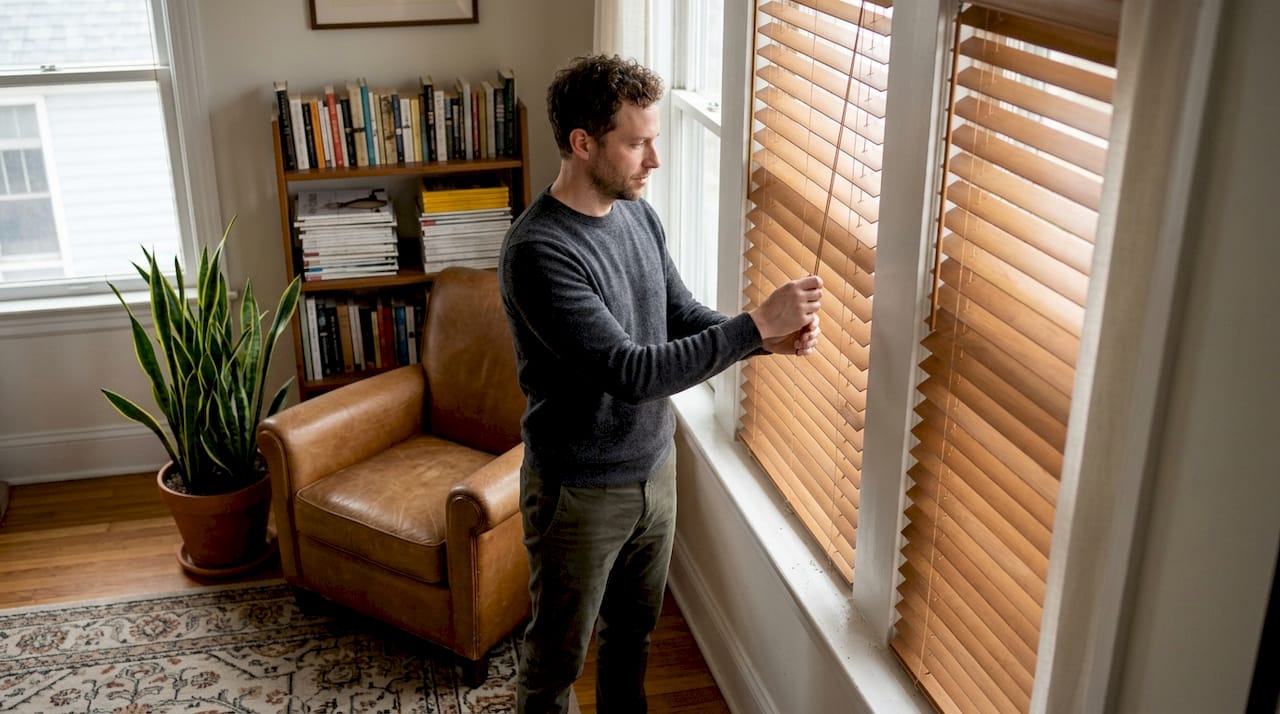 Person adjusts custom blinds in bright living room