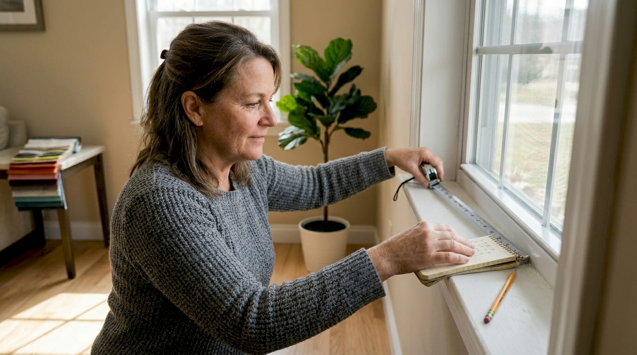Woman measuring window for custom blinds