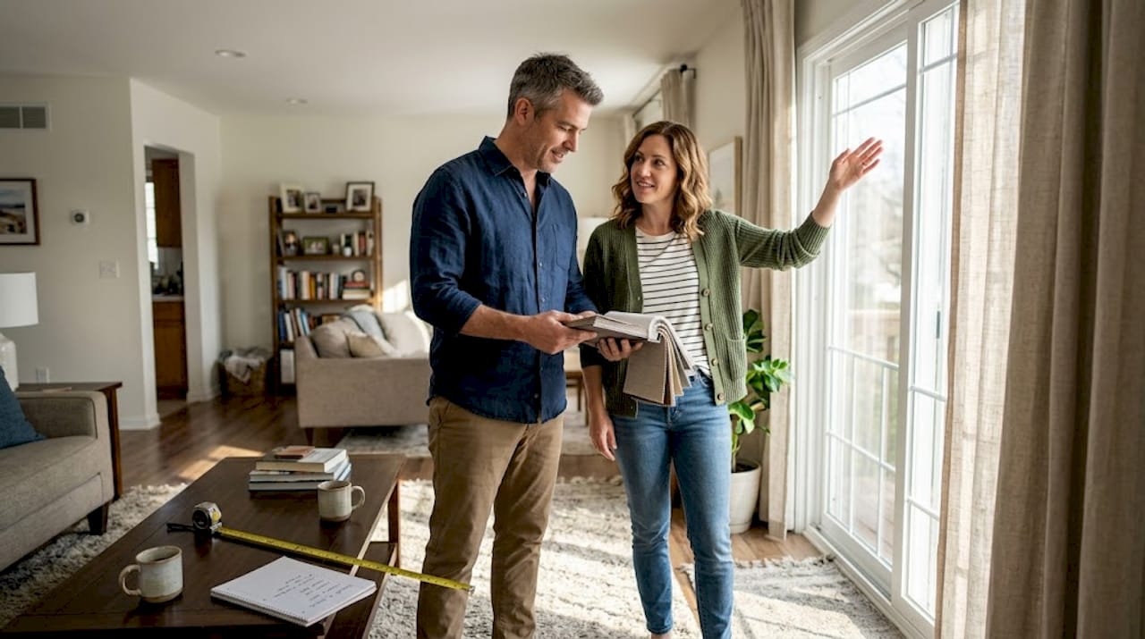 Couple choosing coverings for sliding glass door