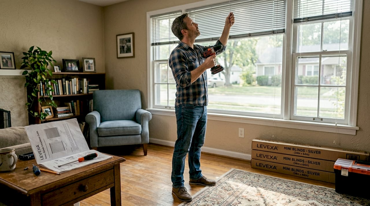 Homeowner installing aluminum mini blinds