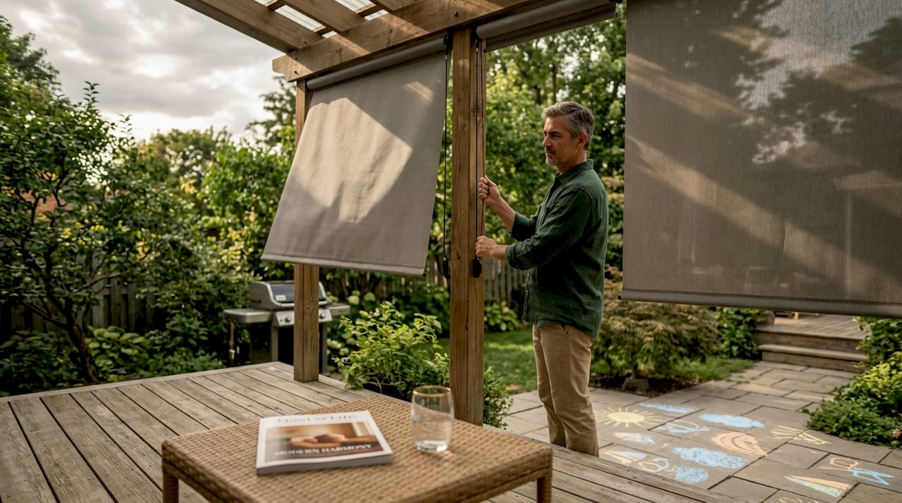 Homeowner adjusting shades on patio pergola