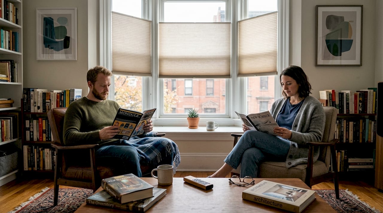 Couple reading by custom window shades