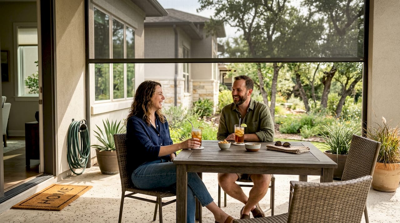 Couple relaxing on patio with motorized screen