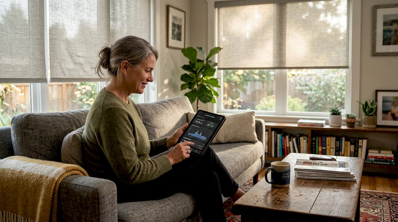 Homeowner uses tablet near UV roller shades