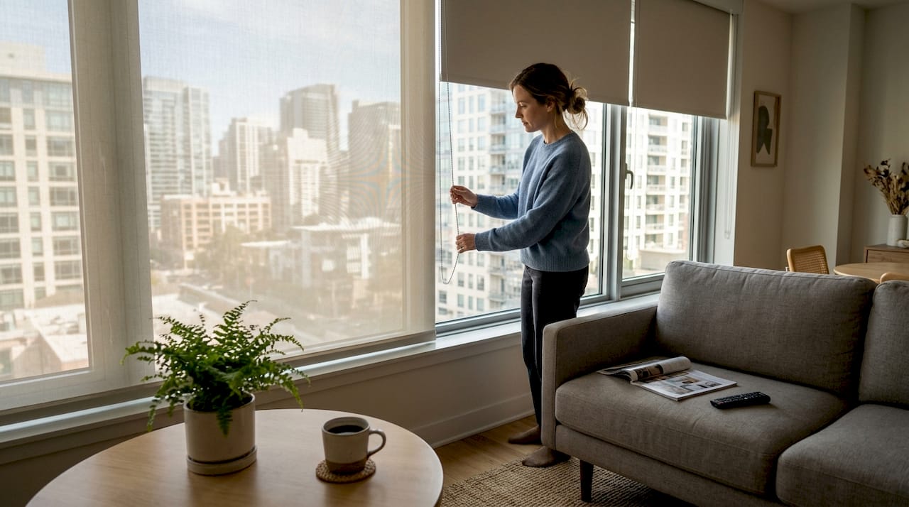 Adjusting dual roller shades in city apartment