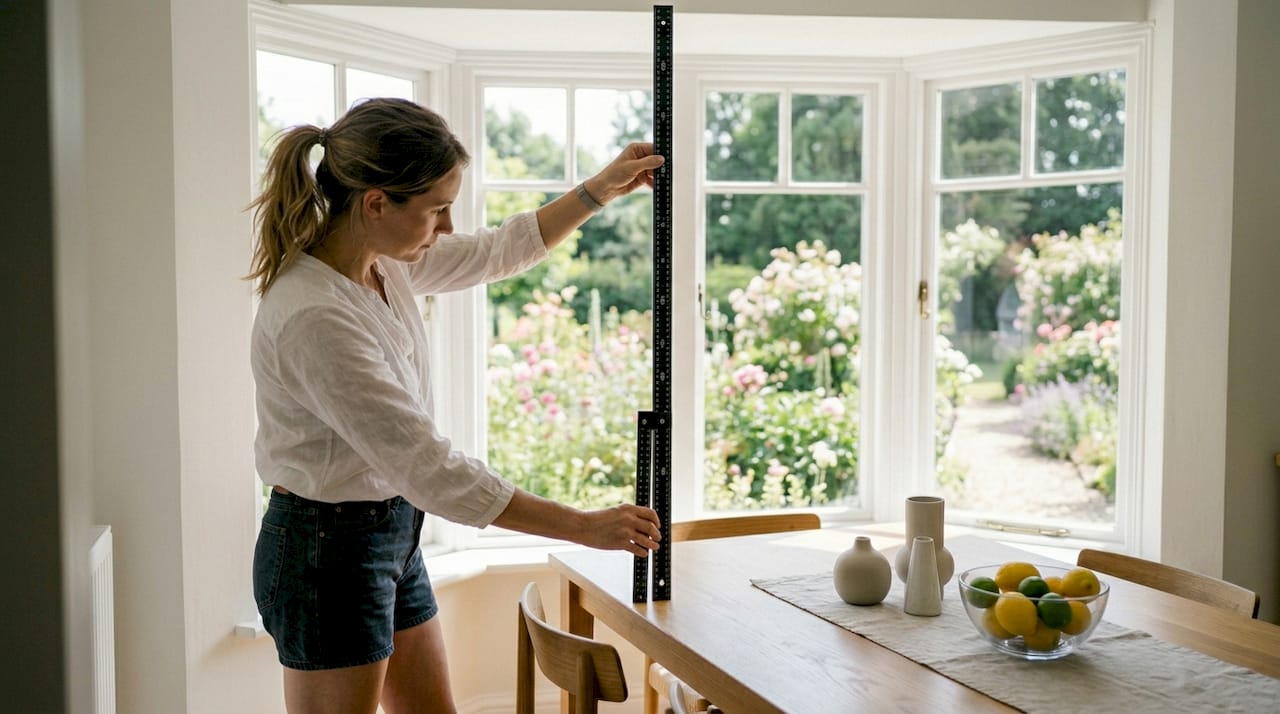 Homeowner measuring window width with tape measure
