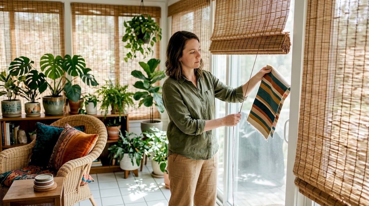 Woman adjusting woven wood shades in living room