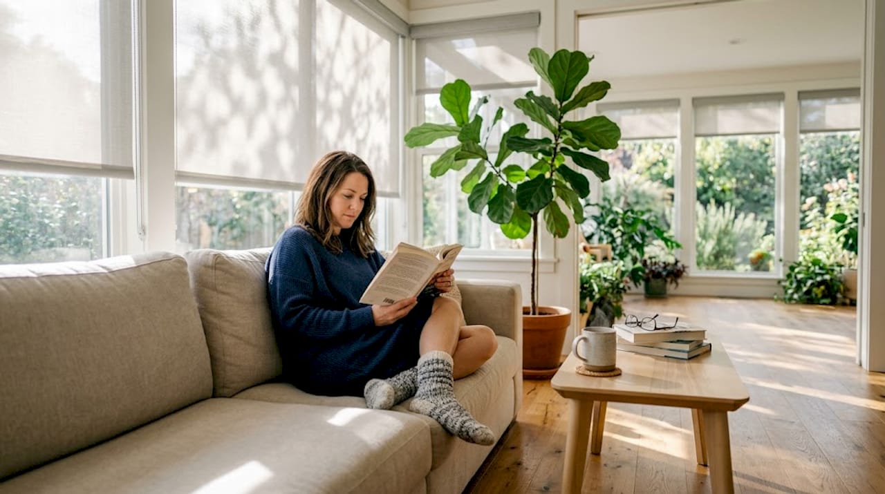 Woman reading with motorized solar shades on large windows