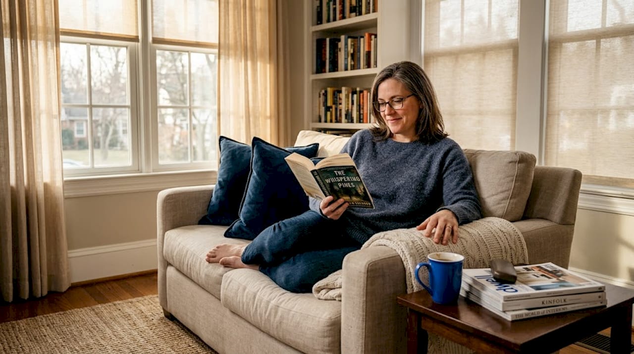 Woman reading by sheer window shades