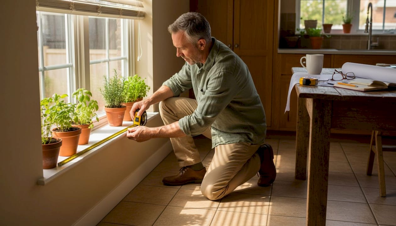 Homeowner measures living room window for blinds