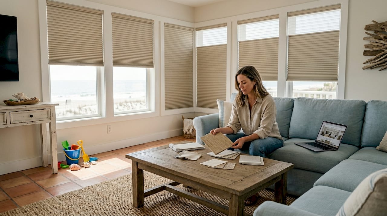 Woman examining blinds samples in sunny living room