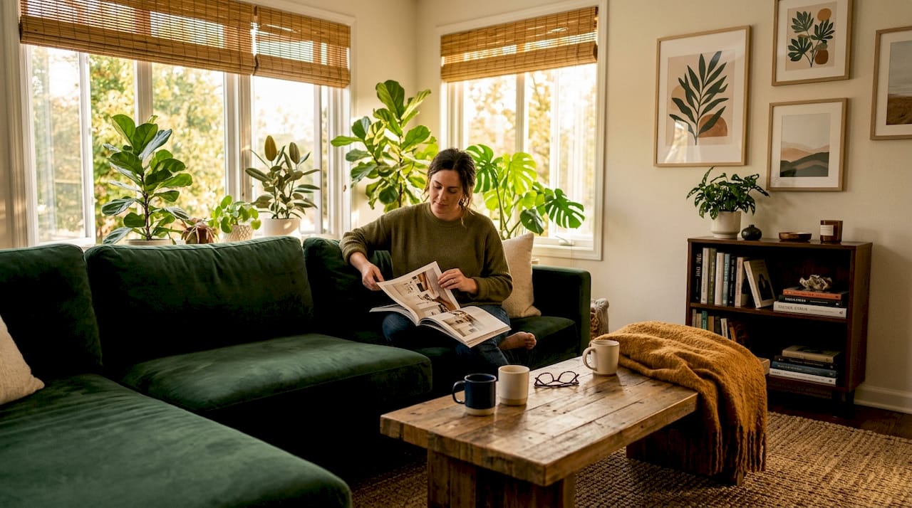 Woman relaxing near windows with bamboo blinds