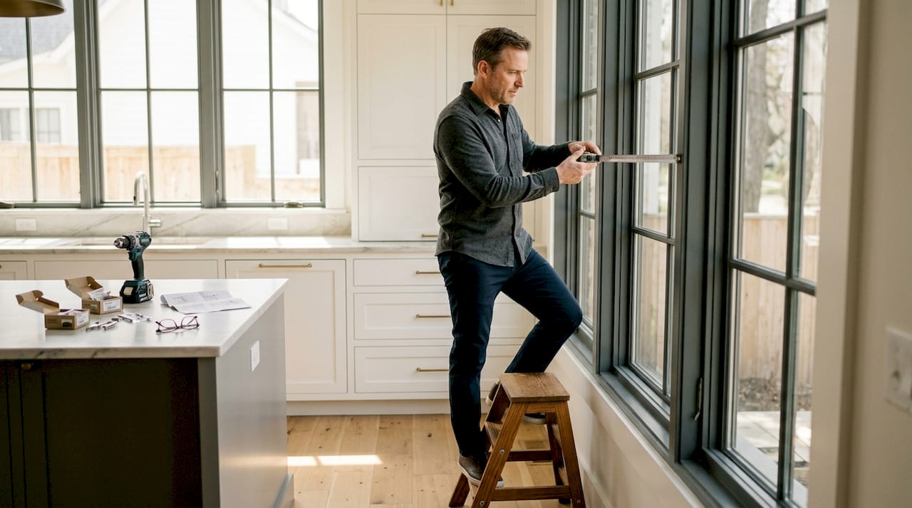 Homeowner measuring large window for roller shades