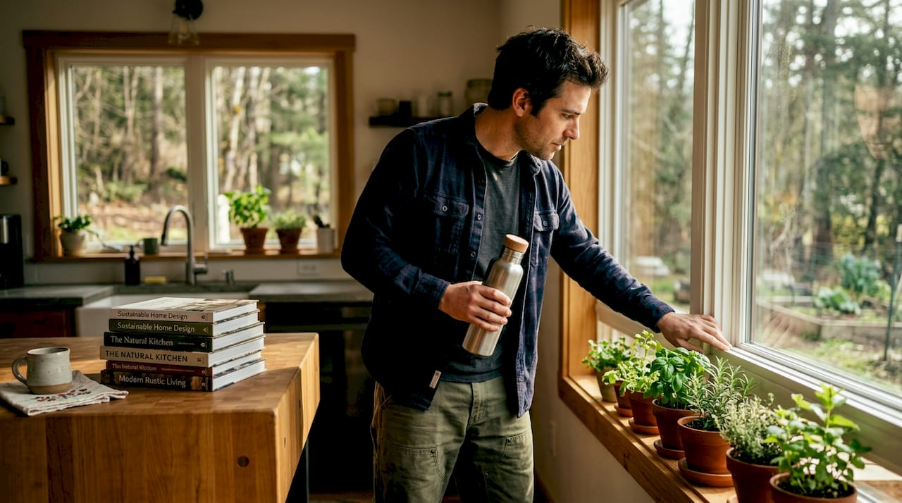 Homeowner inspecting eco-friendly window installation