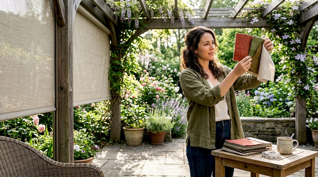 Woman comparing shade fabric swatches on patio