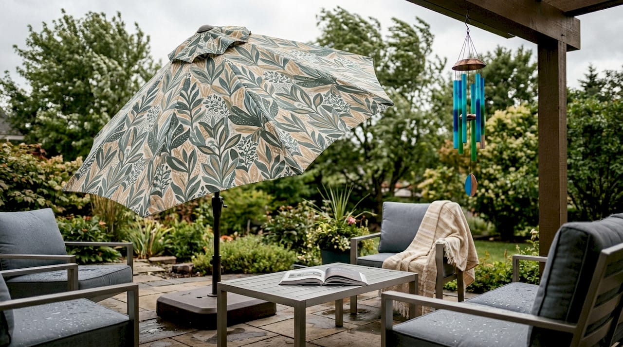 Vented patio umbrella on windy residential patio
