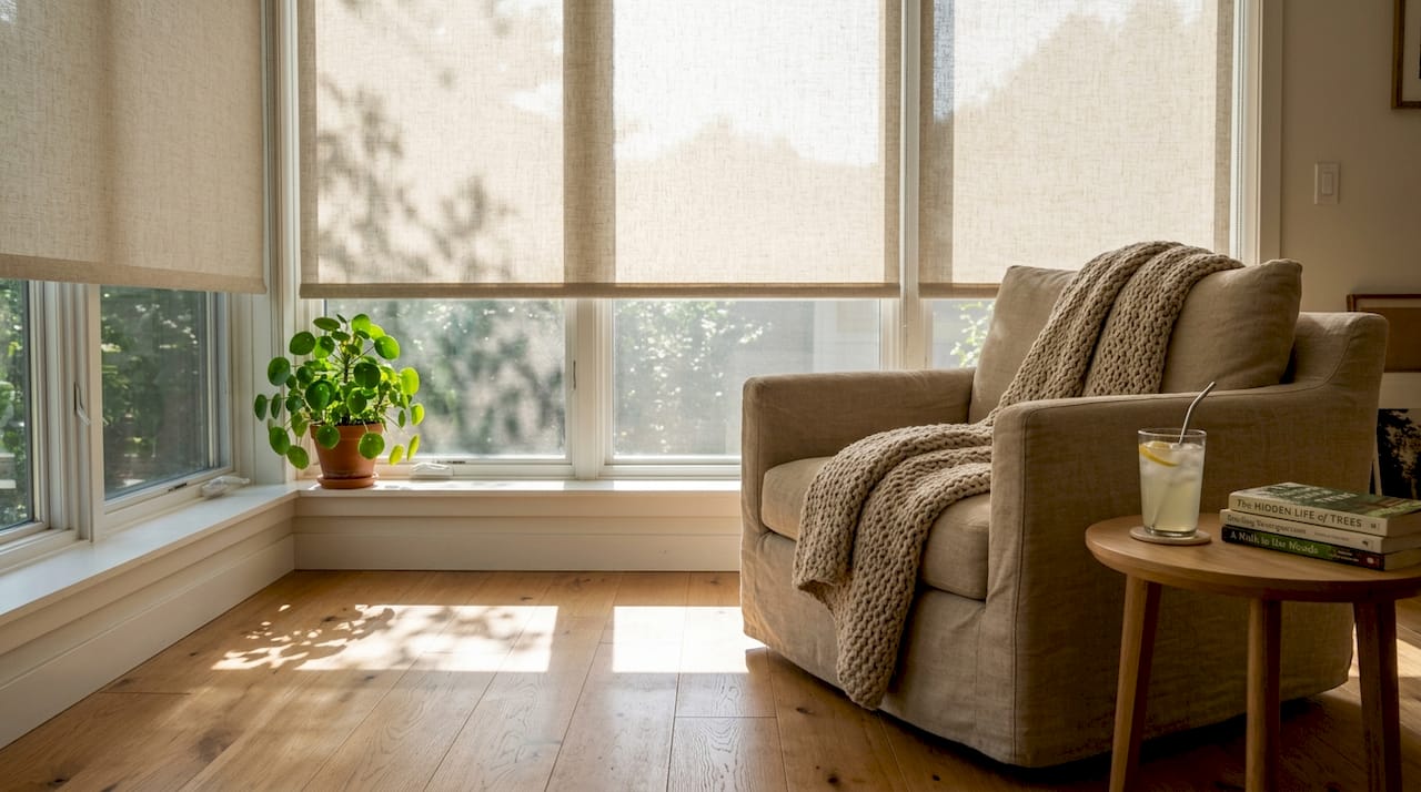 Living room windows with sun blocking roller shades