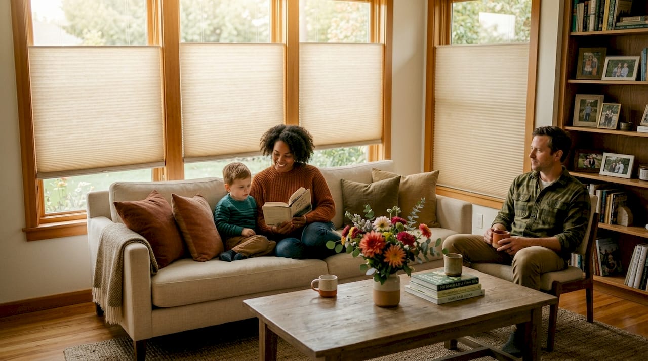 Living room with top down window shades