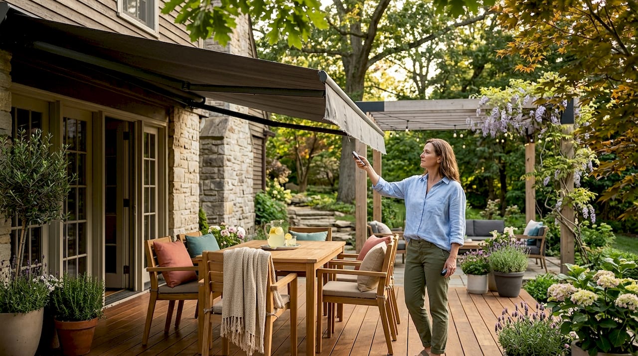 Homeowner interacting with pergola and retractable awning outdoors