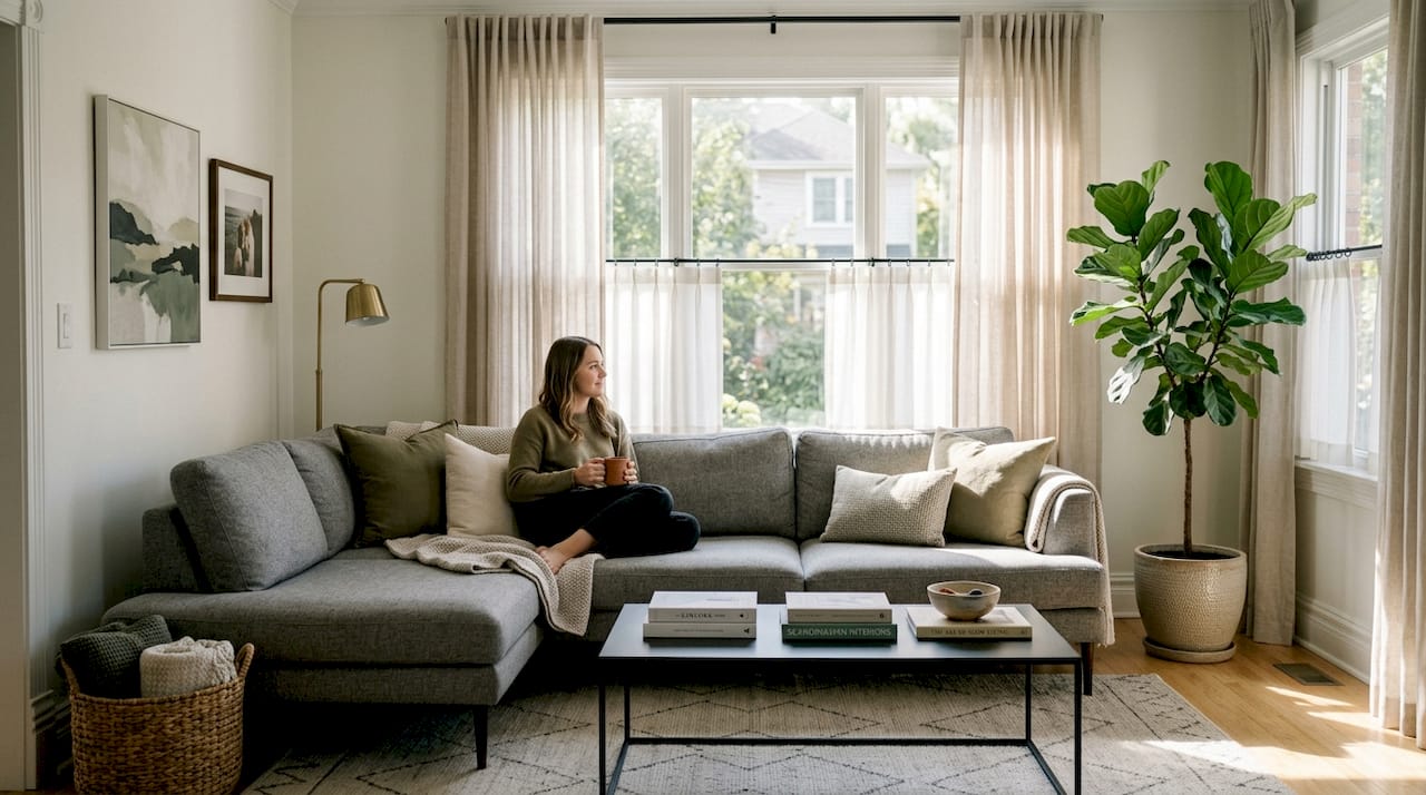 Modern living room with layered window treatments