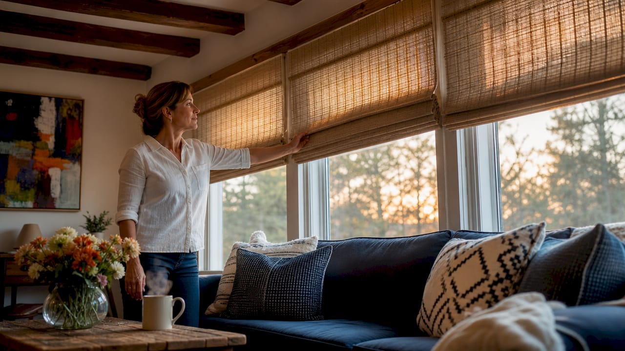 Woman adjusting bamboo blackout roman shades