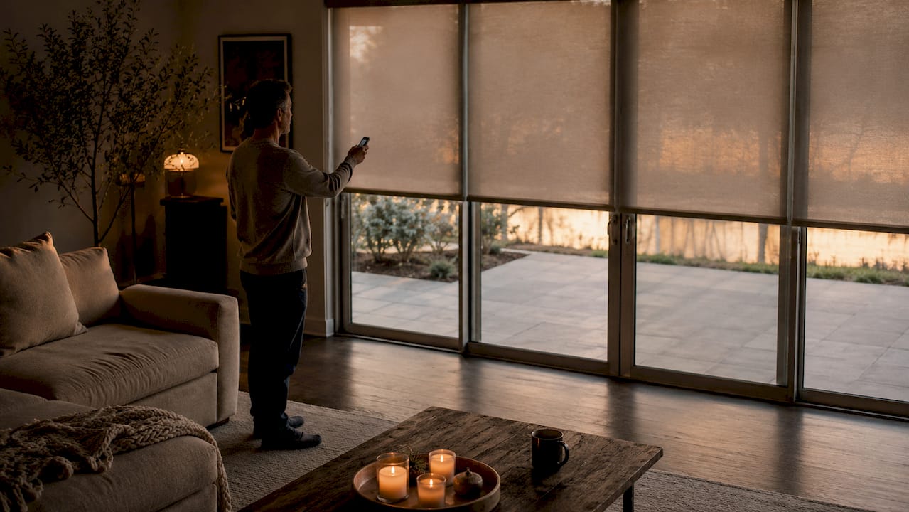 Man operating electric patio door blinds in living room