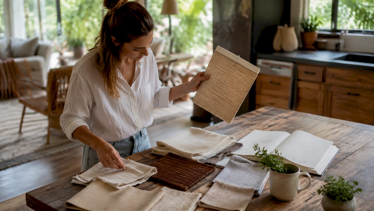 Woman reviewing recyclable window treatment samples