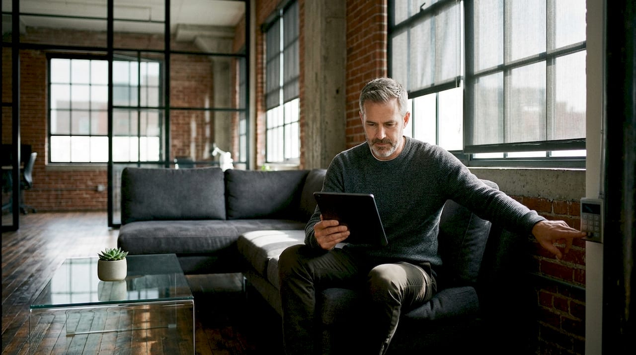 Man controlling smart shades via smartphone in living room