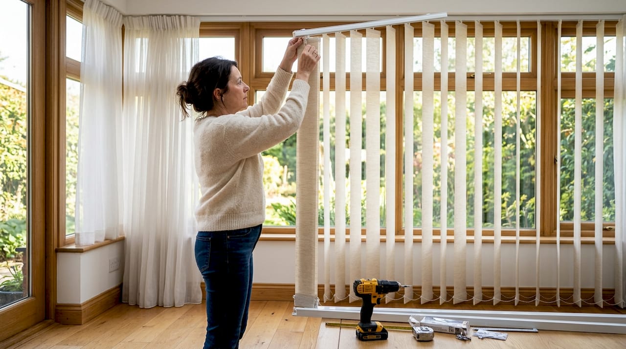 Woman installing large vertical blinds in bright room